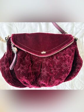 Juicy Couture Burgundy Velour Star-Embossed Shoulder Bag with Gold Crown Accent